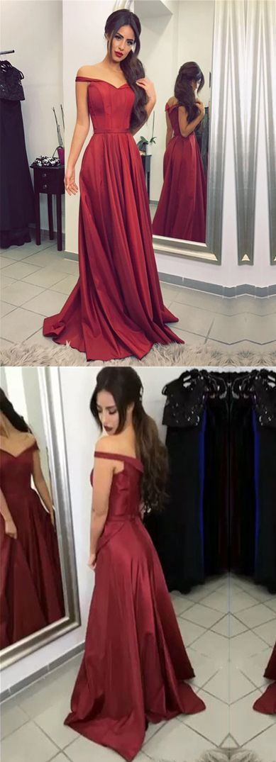 elegant off shoulder burgundy satin long prom dress, PD7940