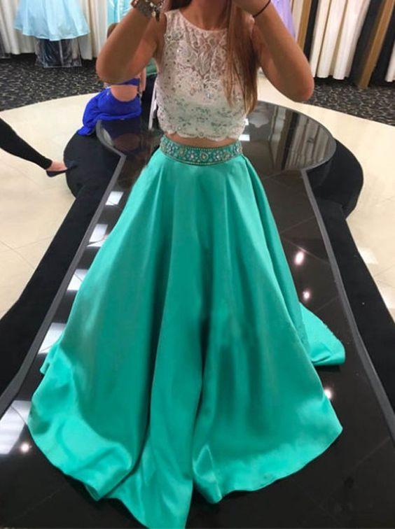 blue prom dress, long prom dress, A-line prom dress, two pieces prom dresses, evening gown, BD273