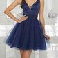 simple navy A-line tulle short homecoming dress, HD664