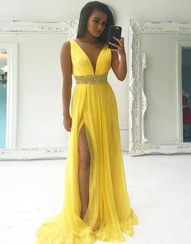 elegant yellow v-neck chiffon side slit long prom dress, PD4489
