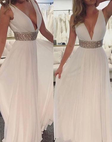 white chiffon v-neck beaded high waist prom dress, PD1502