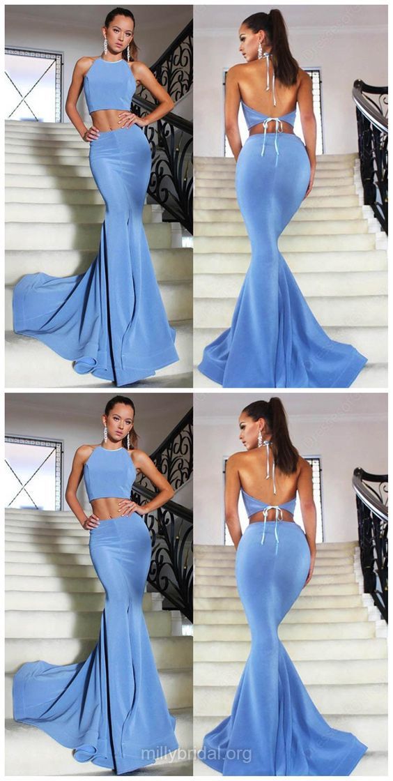 sexy halter blue two pieces long mermaid prom dress, PD5688