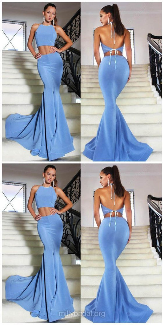 sexy halter blue two pieces long mermaid prom dress, PD5688