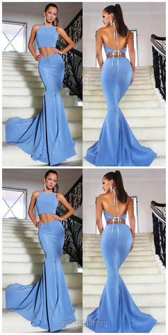sexy halter blue two pieces long mermaid prom dress, PD5688