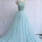 charming sky blue beaded lace long prom dress, PD1855