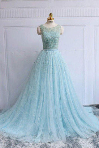 charming sky blue beaded lace long prom dress, PD1855