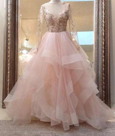 beauty blush pink long sleeves ball gown backless long tulle fluffy prom dress, PD5845