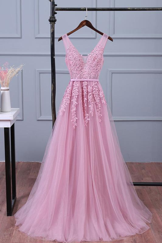 v-neck lace appliques pink tulle long prom dress, PD2125