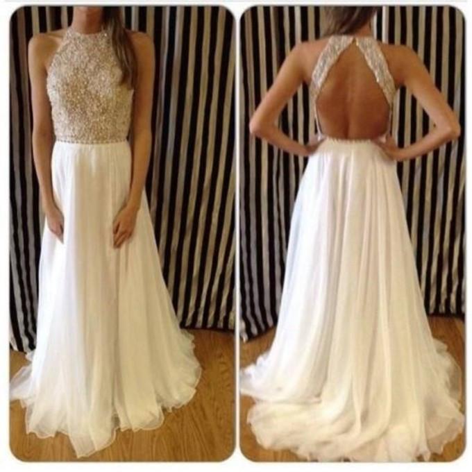 Ivory prom dress, long prom dress, chiffon prom dress, backless prom dress, beaded evening dress, BD0005