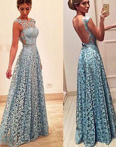 blue lace long backless prom dresses, 2020 evening dresses, PD1314