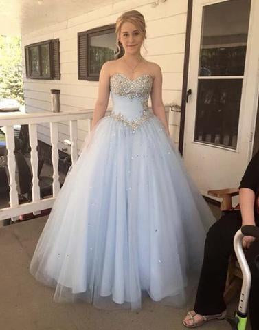 light blue sweetheart tulle A-line prom dress, beaded prom gown, PD1315