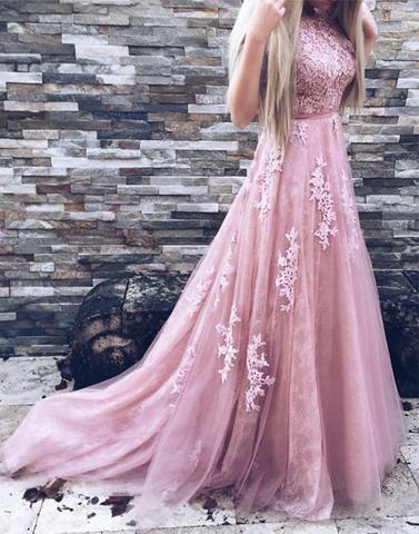 long prom dress, pink prom dress, lace prom dress, charming prom dress, prom dress, BD12641