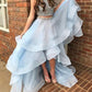 two pieces light blue beaded prom dress, hi-lo prom gown, PD1310