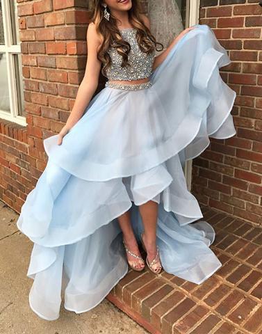 two pieces light blue beaded prom dress, hi-lo prom gown, PD1310