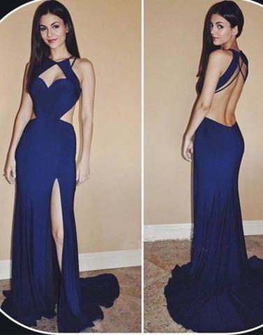 formal backless side slit dark blue long prom dress, PD3330