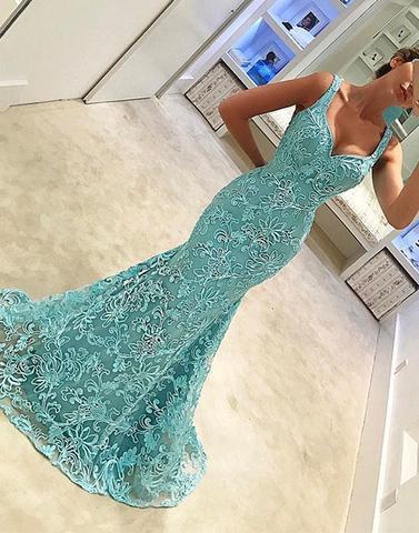 blue lace mermaid long prom dress, PD45800
