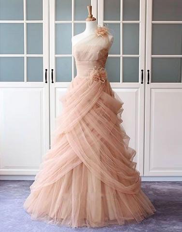 blush pink tulle one shoulder long A-line charming prom dresses, PD1142