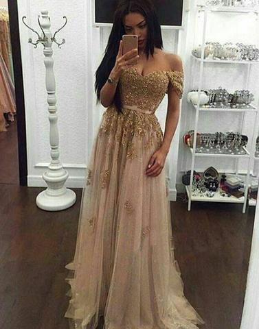long off shoulder charming gold tulle prom dress, PD1313