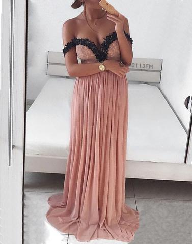 dusty pink long off shoulder chiffon prom dress, PD5697