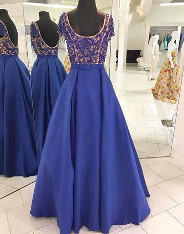 beaded A-line royal blue satin short sleeves long prom dresses, PD4545