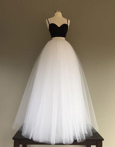 spaghetti straps white and black tulle strapless A-line long prom dress, PD7656