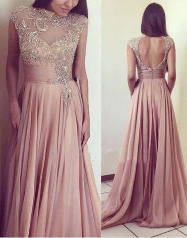blush pink long beaded top long chiffon prom dress, open back evening dress, PD7281