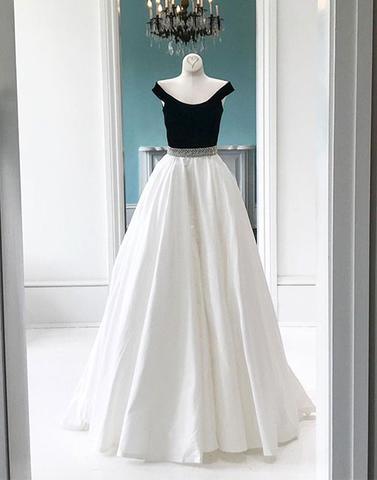 Off shoulder A-line white and black long prom dress, PD5254