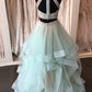 A-line two pieces high neck light mint long prom dresses, PD5216