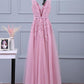 v-neck lace appliques pink tulle long prom dress, PD2125