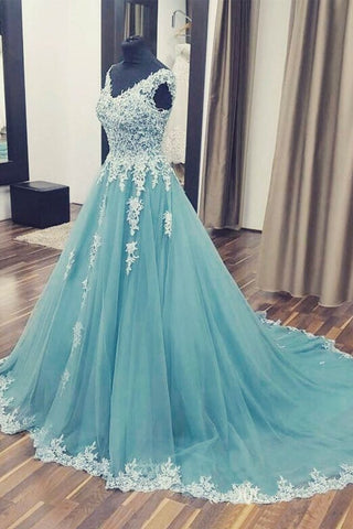 A-line v-neck blue lace long prom dresses, PD5220