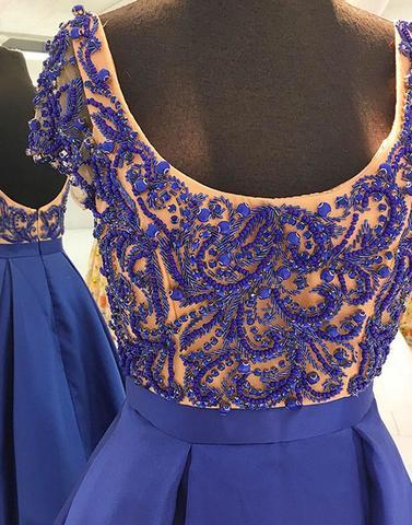 beaded A-line royal blue satin short sleeves long prom dresses, PD4545