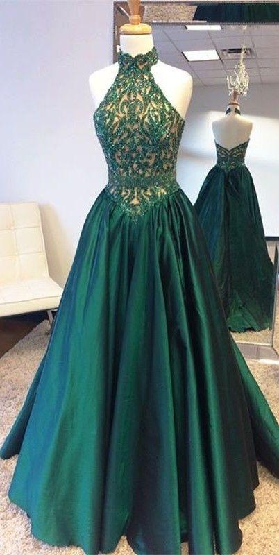 A-line halter dark green beaded formal long prom dresses, PD6987