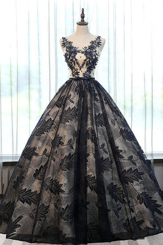 formal A-line black lace long prom dresses, PD7861
