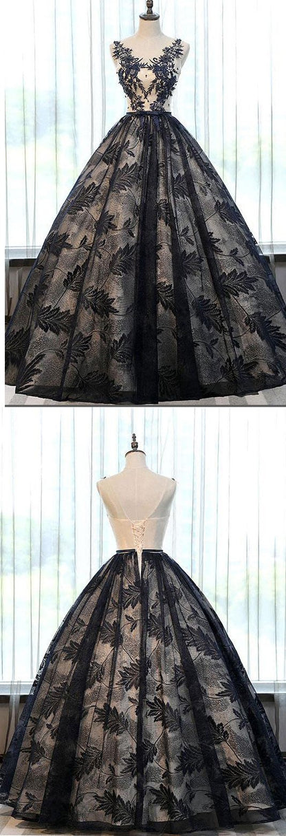 2020 formal A-line black lace long prom dresses, PD7861