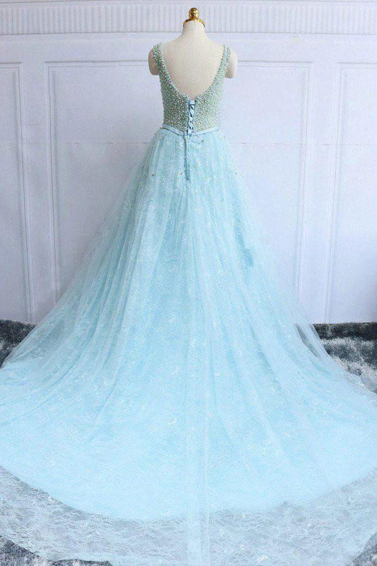 charming sky blue beaded lace long prom dress, PD1855