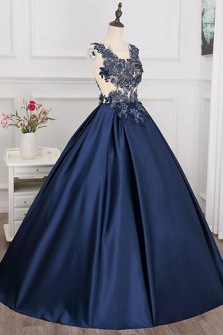 navy blue A-line long lace appliques prom dress, PD7860