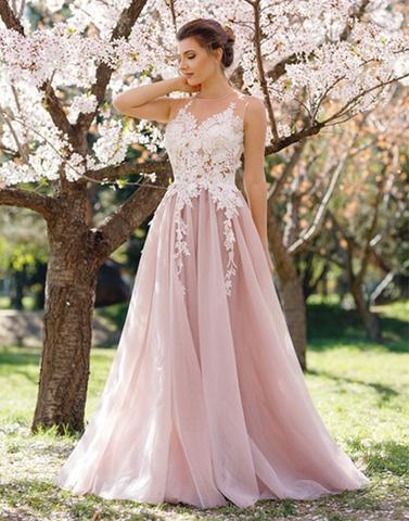 light pink prom dress, long prom dress, prom dress, A-line prom dress, lace appliques prom dress, BD12637