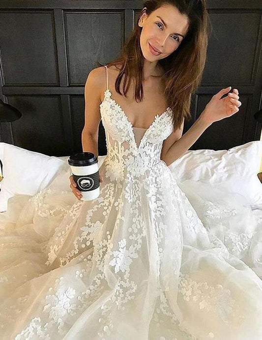 spaghetti straps elegant lace long wedding dress, WD232