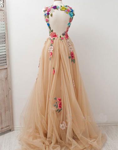 tulle open back long prom dress with flowers, charming evening gown, PD45686