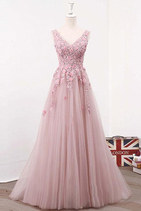 blush pink v-neck lace up back long prom dress, PD7862