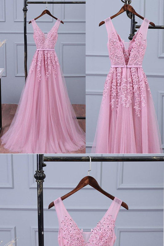 v-neck lace appliques pink tulle long prom dress, PD2125