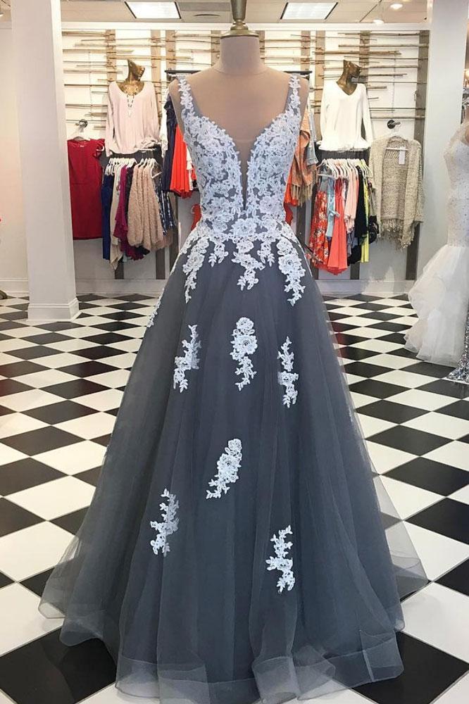 gray spaghetti straps with lace appliques long prom dress, PD1858