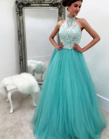 A-line blue tulle halter long formal lace prom dresses, PD3329