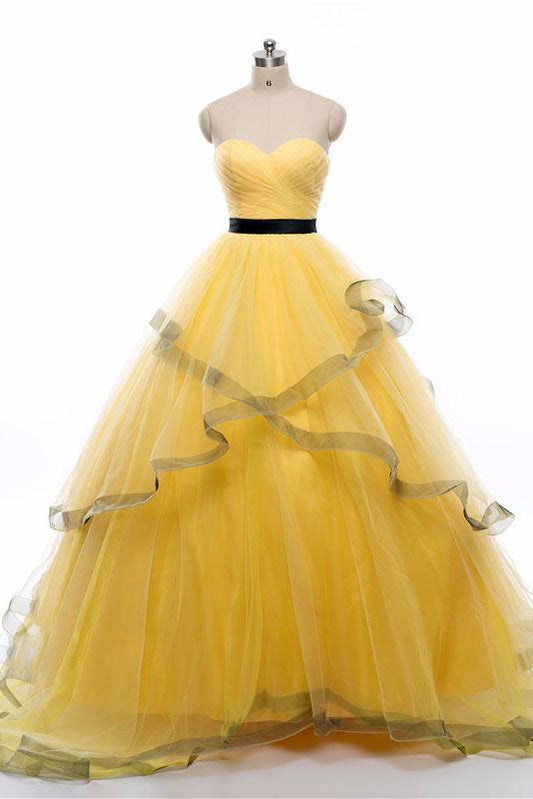 sweetheart yellow tulle long prom dress, PD1856