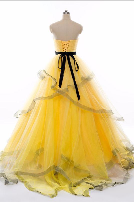sweetheart yellow tulle long prom dress, PD1856