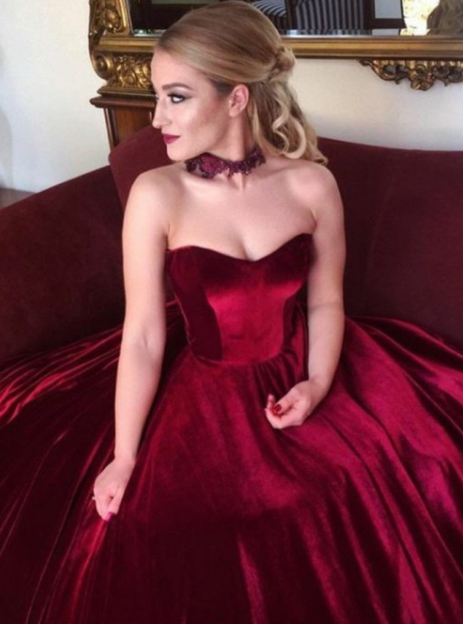 velvet burgundy sweetheart A-line formal long prom dress, PD02501