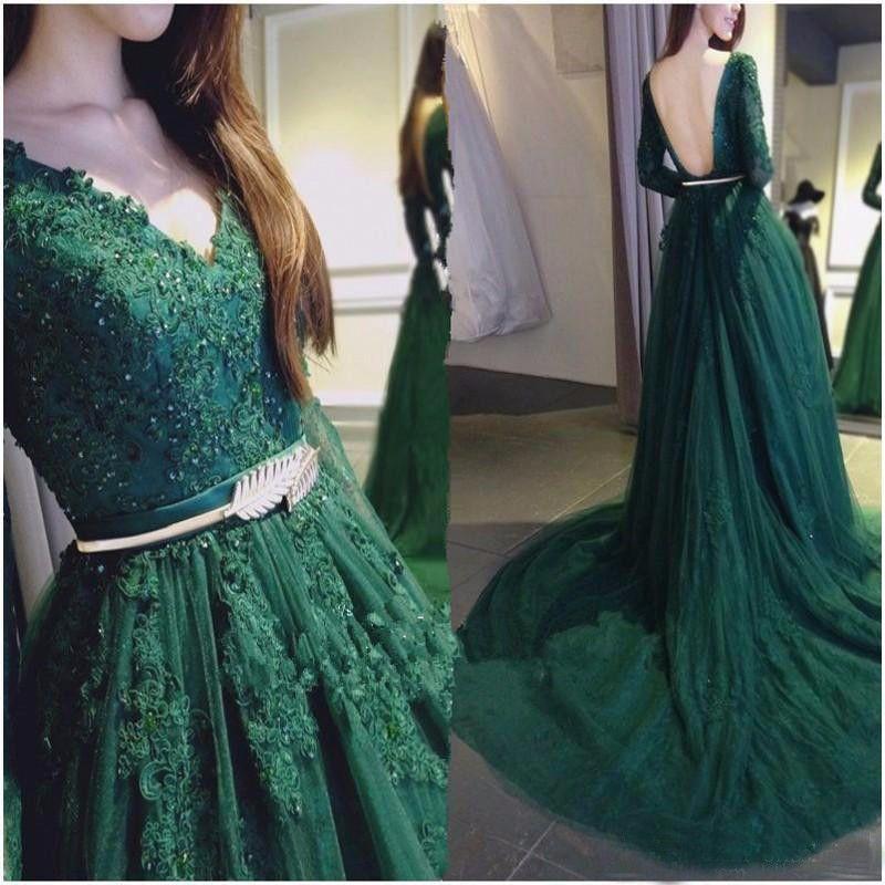 elegant v-neck long sleeves green lace long prom dress, PD0842