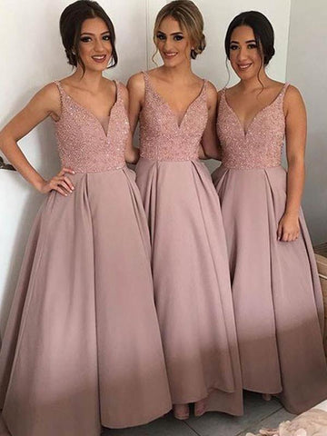 v-neck dusty pink beaded A-line long Bridesmaid dress ,PD198