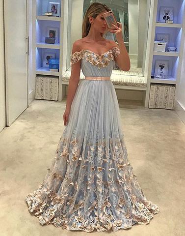 off shoulder charming light blue tulle A-line long prom dress, PD4713