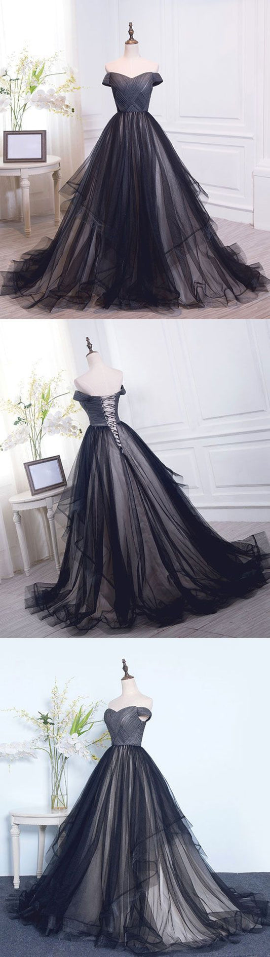 Off shoulder black tulle A-line long prom dress, BD4581